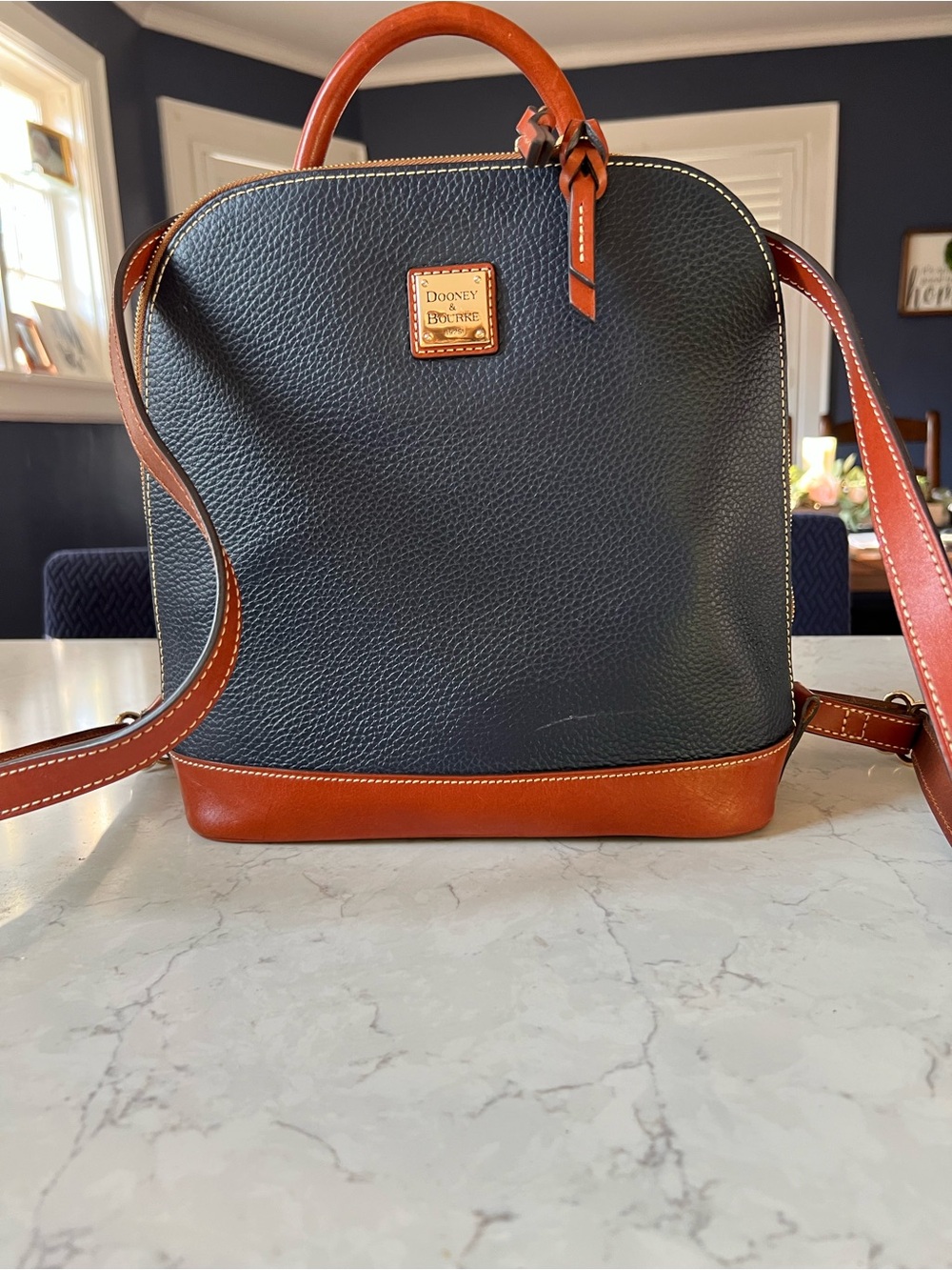 Dooney & Bourke Navy Pebbled Leather Backpack with Brown Trim